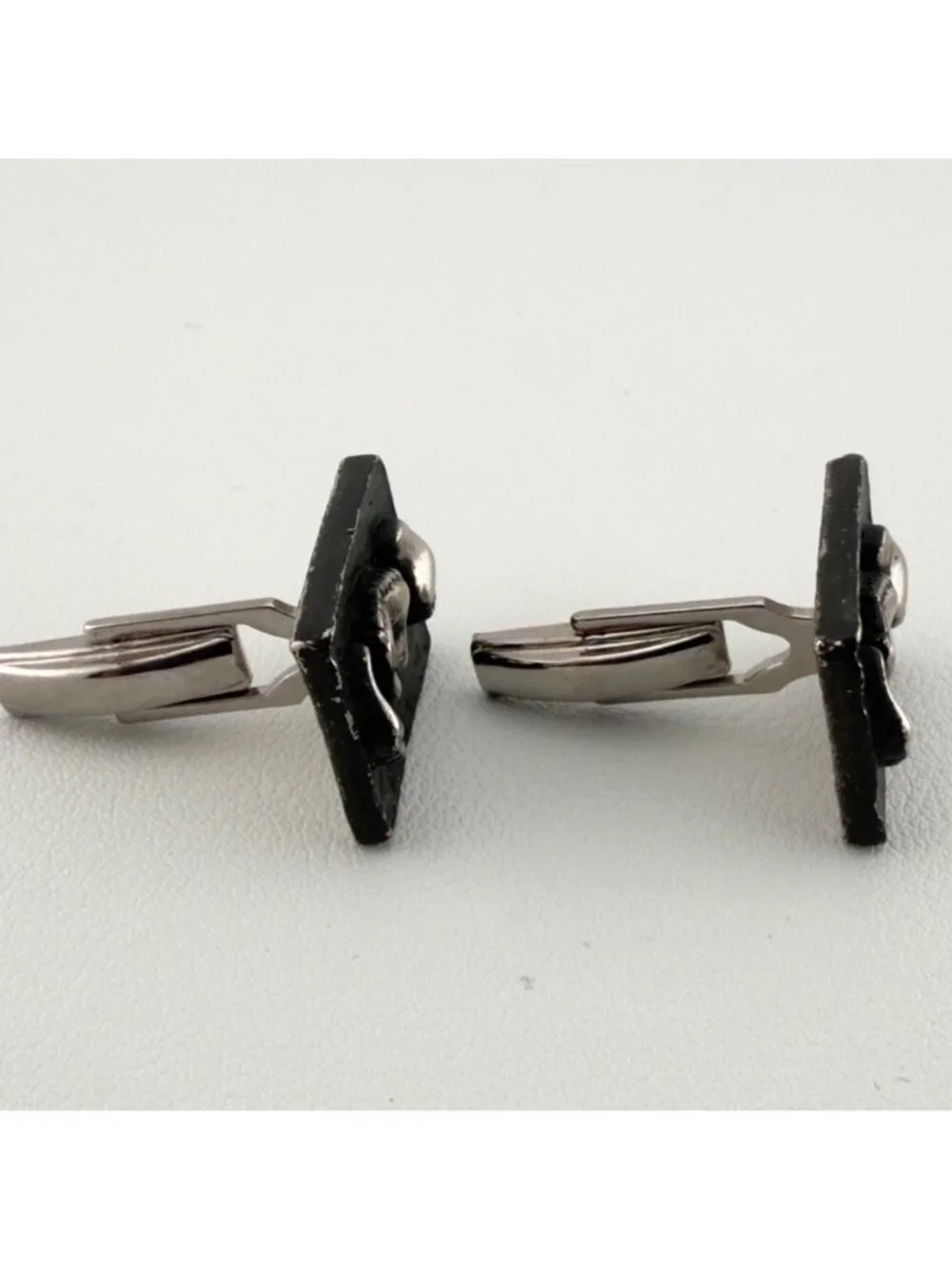 Vintage Black Silver Tone Rectangle Baby Feet Cuff Links